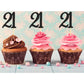 Sumerk 24Pcs 21 Cupcake Toppers Black Glitter 21St Birthday Cupcake Picks Anniversary Party Decorations