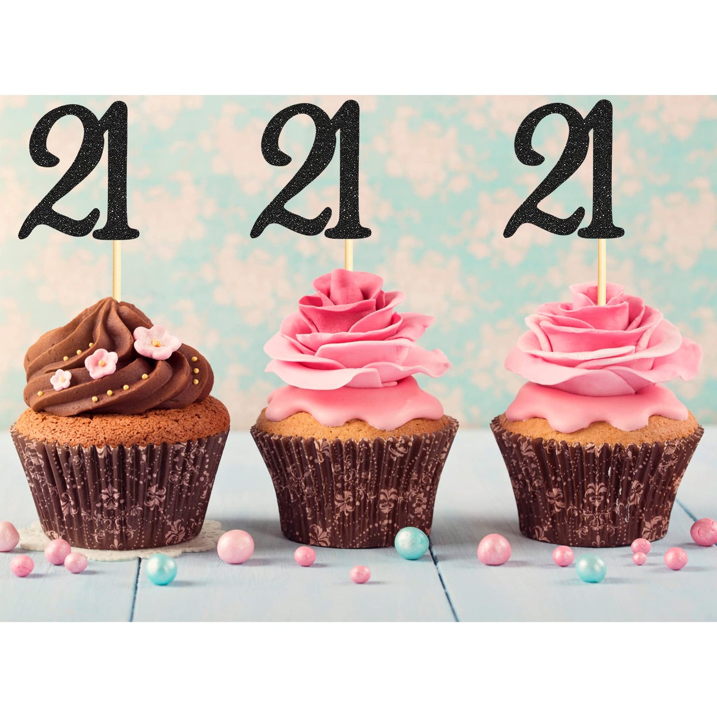 Sumerk 24Pcs 21 Cupcake Toppers Black Glitter 21St Birthday Cupcake Picks Anniversary Party Decorations