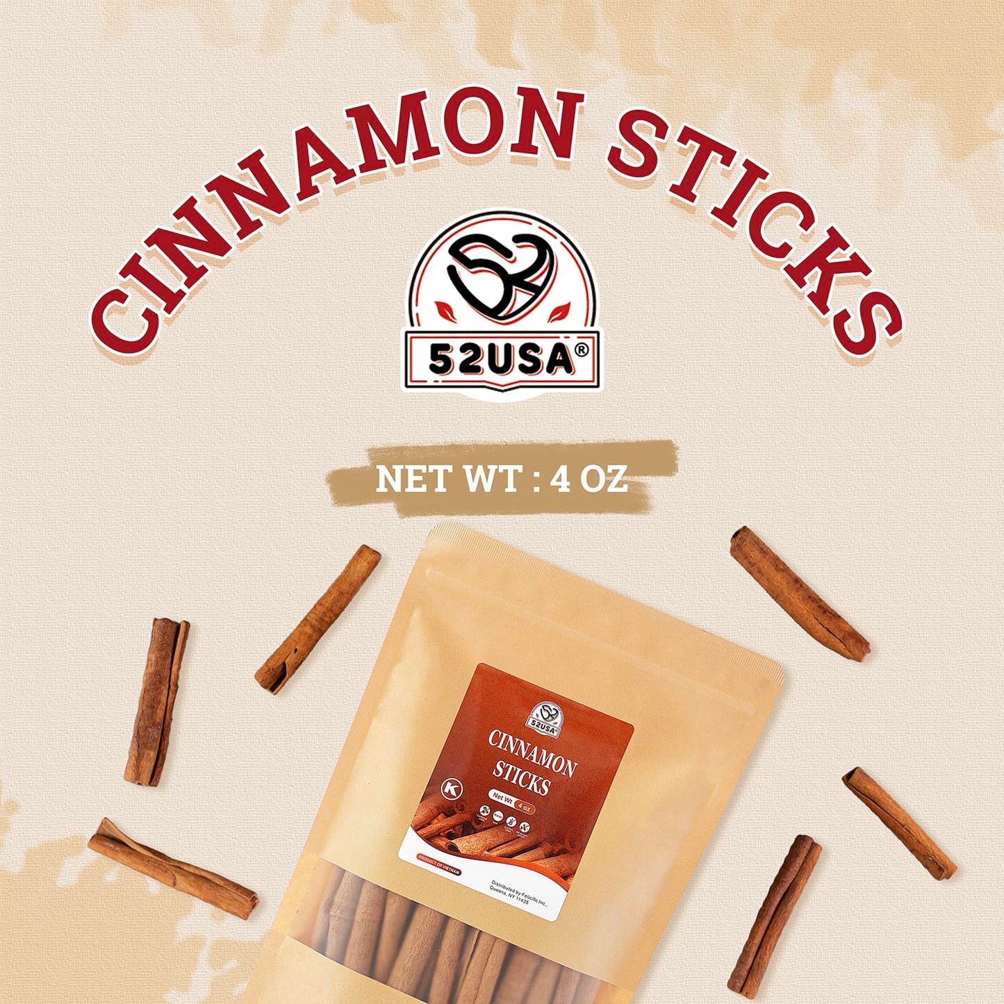 52Usa Cinnamon Sticks, Cinnamon 4 Oz (113G), Whole Cinnamon Sticks, 100% Raw, Kosher Certified, Gluten Free, Pure & Fresh Cinnam