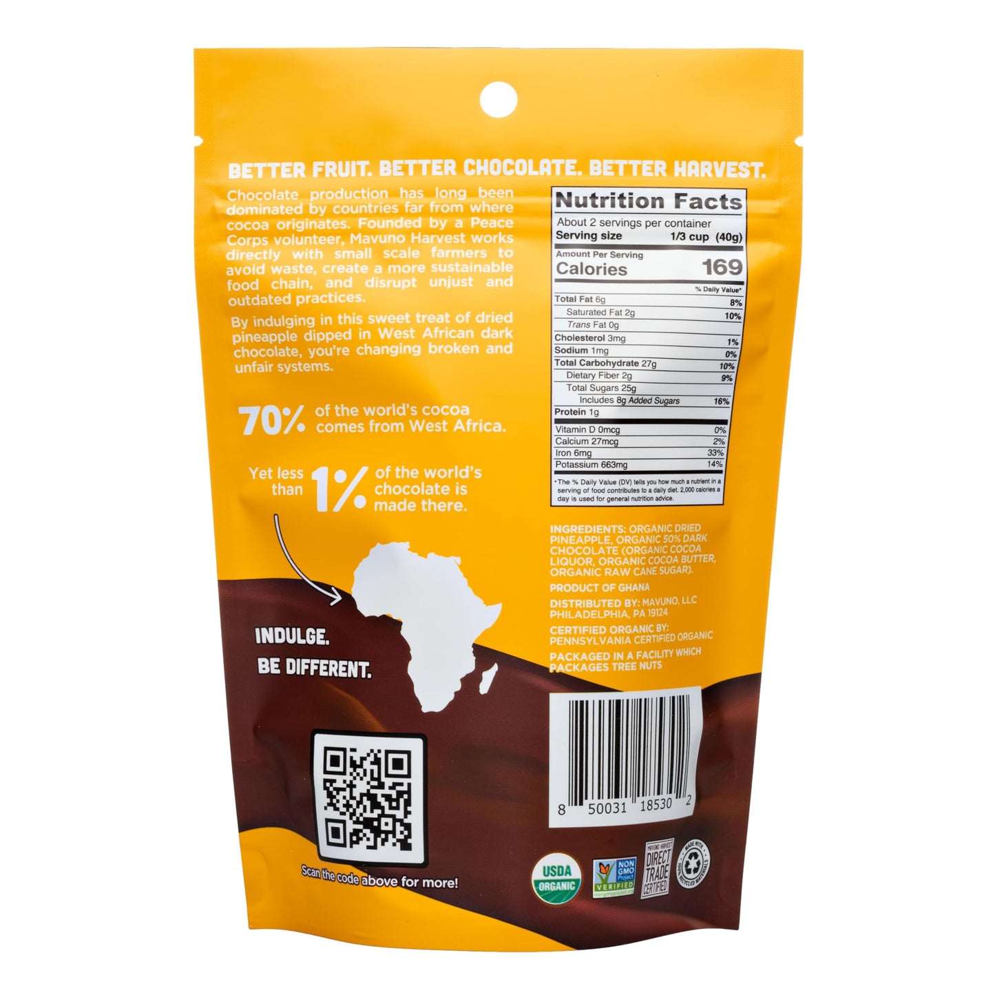 Mavuno Harvest Organic Chocolate Covered Pineapple - Organic Dried Pineapple Dipped in Dark Chocolate - Non GMO, Fair Trade & Ve