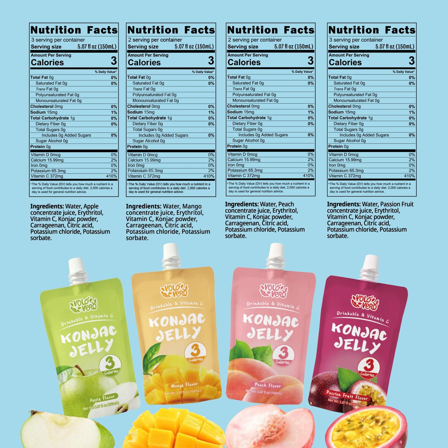 Volo Vero Drinkable Konjac Jelly Variety Pack, 3 Calories, 10 Pack, 0 Sugar, Vegan, Gluten Free, Keto, Vitamin C Fruit Snacks Holiday Gifts - Flavors Include Mango, Peach, Passion Fruit, And Apple Pouches