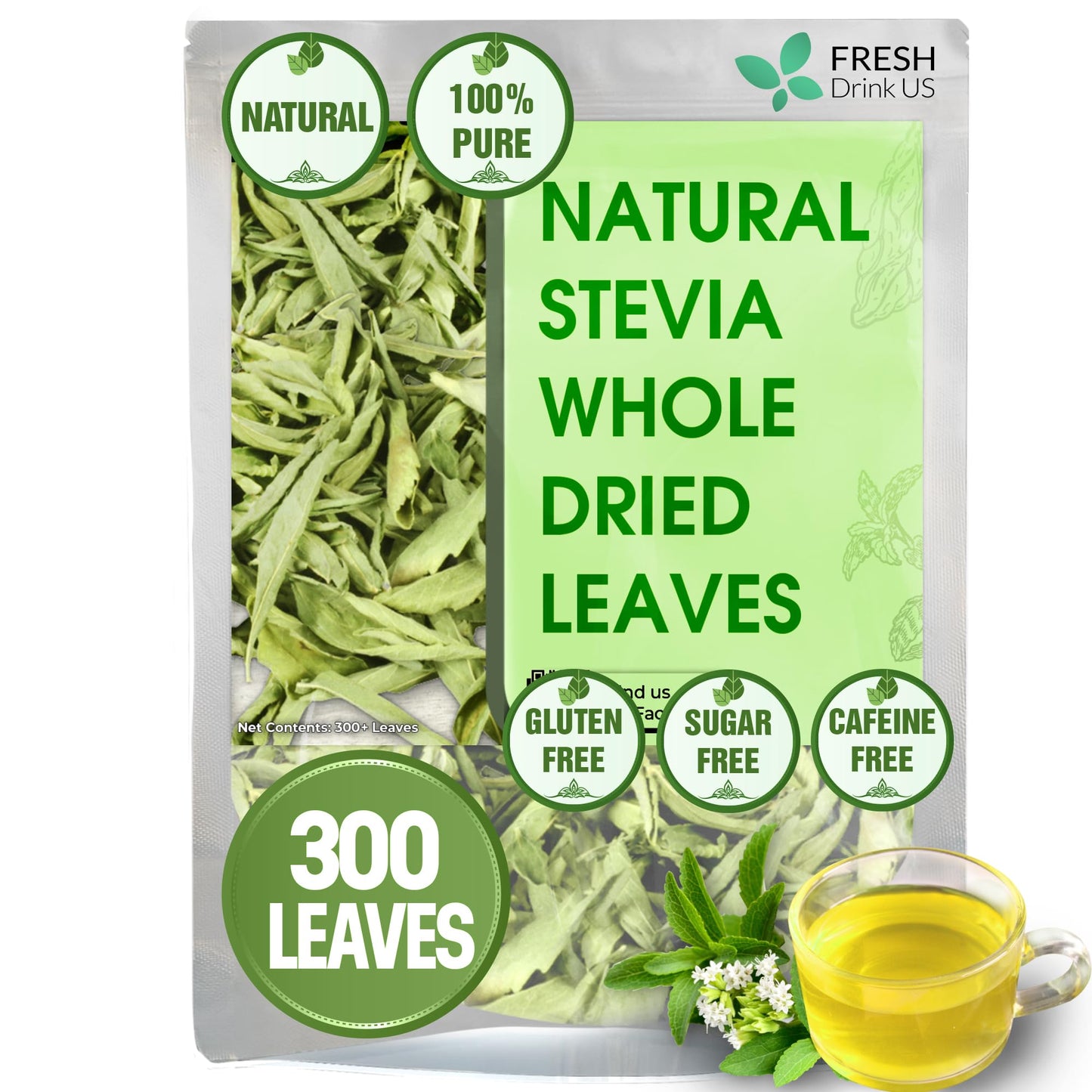 FRESHDRINKUS Stevia Dried Leaves, 300 Count, 100% Pure, Vegan, Zero Calorie Sweetener, No Additives, Caffeine-Free