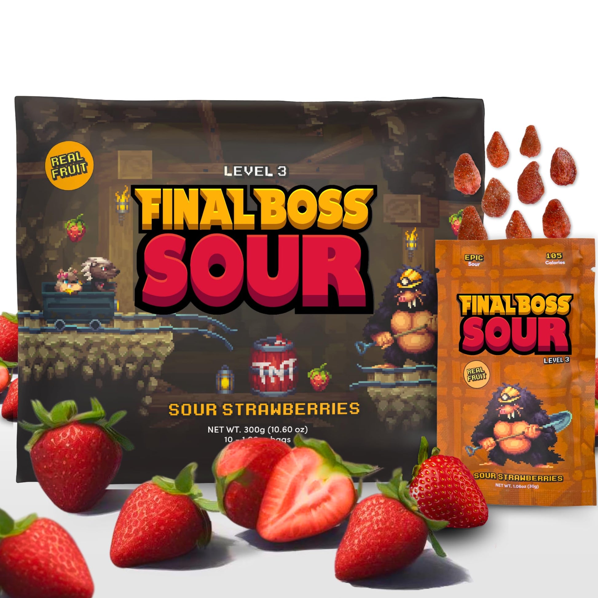 FINAL BOSS Holiday Sour Candy, Sour Strawberries, Fruit Chews with Real Dried Fruit, 10 Pack, Low Calorie Snack