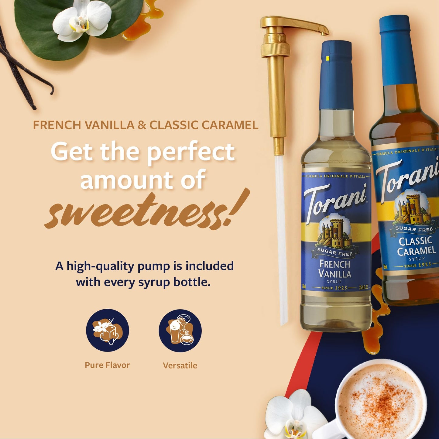 Torani Sugar Free Classic Caramel Syrup And Sugar Free French Vanilla Syrup Variety 2-Pack, Coffee Syrups For Drinks, Pumps Incl