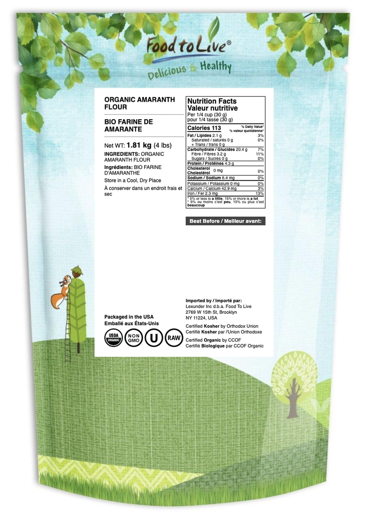 Food to Live Organic Amaranth Flour, 4 Pounds - Non-GMO, Fine Meal, Whole Grain Flour, Stone-Ground, Kosher, Vegan, Bulk Powder,