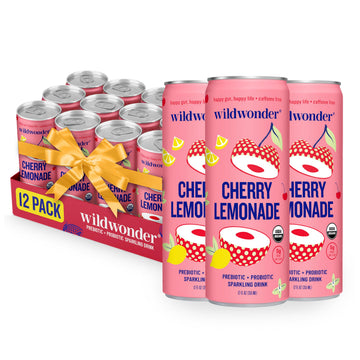 NEW! wildwonder Sparkling Probiotic Drink 12pk  For Gut Health & Immune Support  Cherry Lemonade  5g Prebiotic Fiber  Live Probiotics  Organic  Vegan  Low Sugar  12 Pack  12oz Can  Seen on Shark Tank