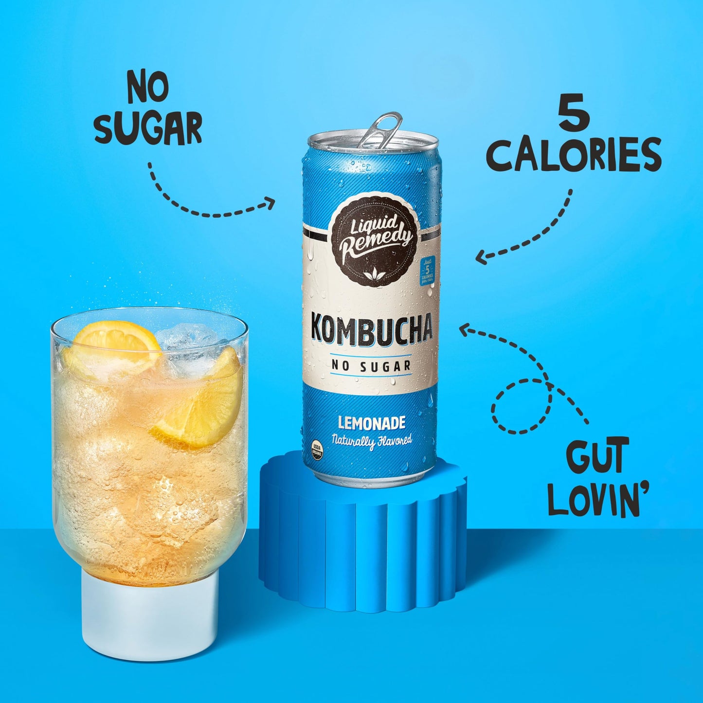 Liquid Remedy Kombucha Sugar Free Organic Drink, Low Calorie, Probiotic Like Tea For Gut Health - Lemonade - 8.5 Fl Oz Can, 24-P