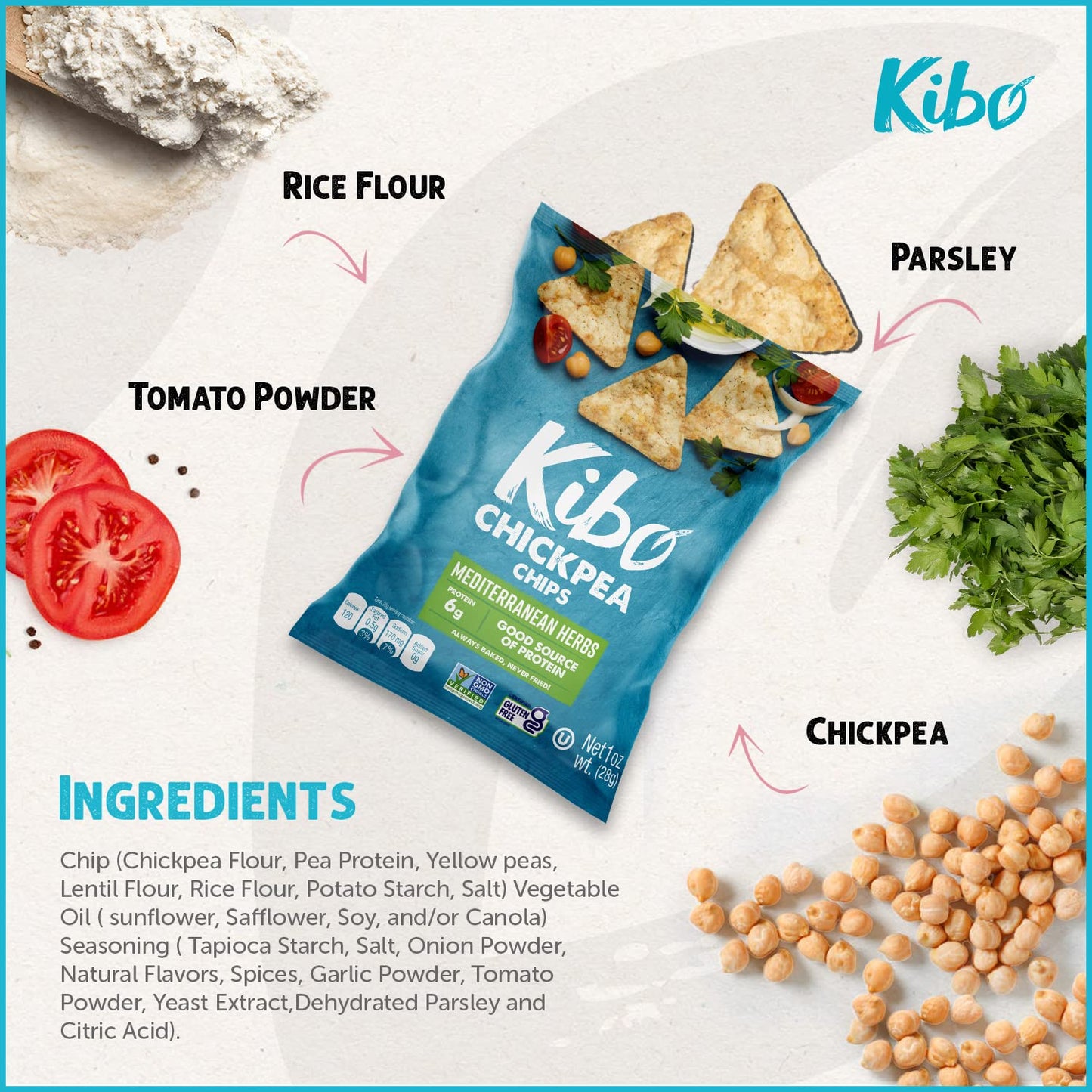 Kibo Chickpea Chips - Gluten Free And Plant-Based, Non-Gmo, Kosher + Vegan. Mediterranean Herbs, 1 Oz. 12 Pack