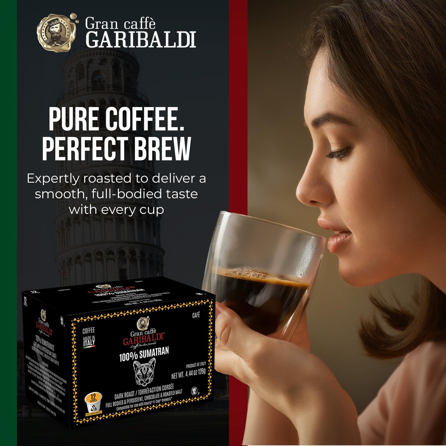Caffè Garibaldi Sumatran Coffee Pods, Dark Roast, 100% Arabica, Recyclable, 12 Count