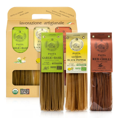 Morelli Organic Gourmet Pasta Italian Gift Basket From Italy - Tricolor Pasta Linguine Set - Red Chili, Garlic & Basil, and Lemo