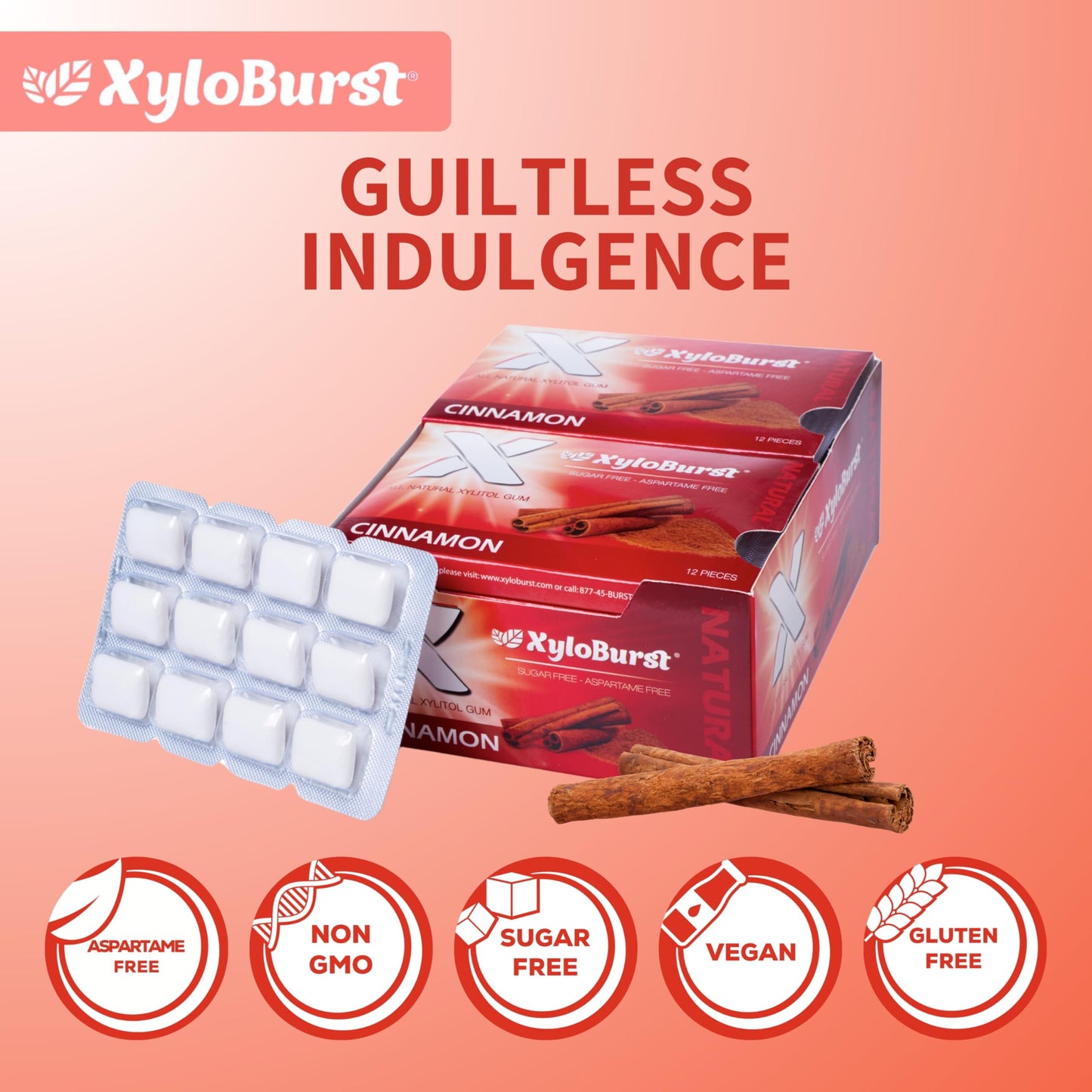 Xyloburst Xylitol Chewing Gum, Sugar Free, Gluten Free, Keto Friendly, Cinnamon, 12 Count, Reddish-brown
