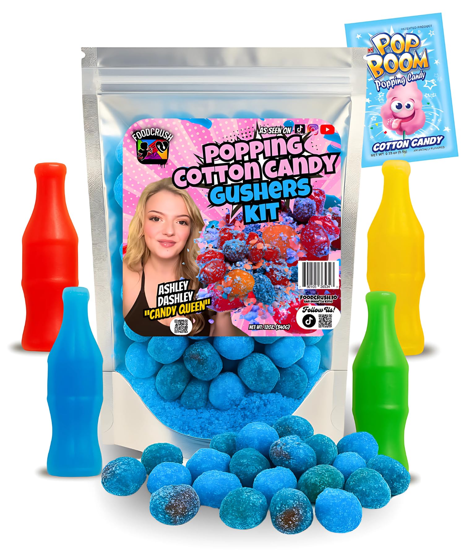 Ashley Dashley s-Popping Cotton Candy Gushers Kit-(3/4 LB) Juicy Gummies Coated W/Cotton Cqndy Crunch, Wax Bottles + Fizzing Ca