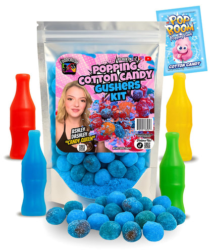 Ashley Dashley s-Popping Cotton Candy Gushers Kit-(3/4 LB) Juicy Gummies Coated W/Cotton Cqndy Crunch, Wax Bottles + Fizzing Ca
