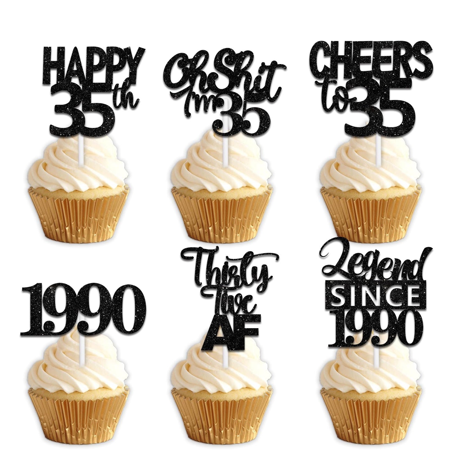 18pcs Black Glitter Happy 35th Dessert Cupcake Topper Pick for Funny Legend Since 1990 Theme Decor Supplies Men Women Happy 35 B