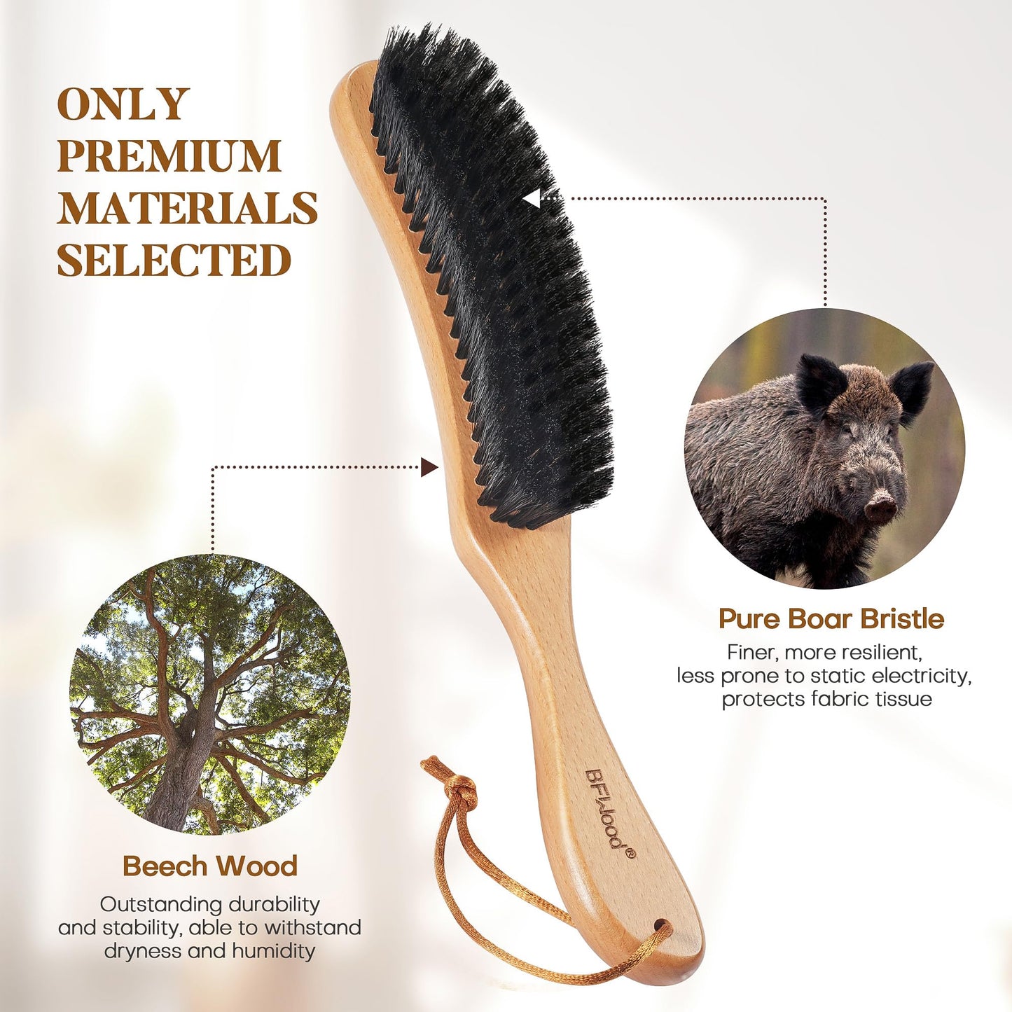 Bfwood Clothes Brush - Boar Bristle Lint Brush For Suits, Cashmere, Wool, Velvet, Suede And Pet Hair - Large Beech Handle