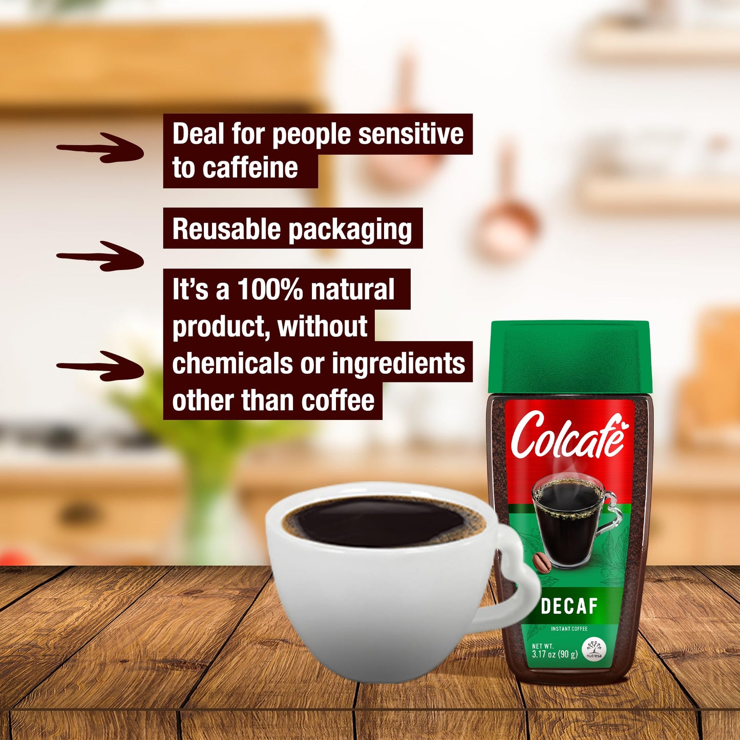 COLCAFE Instant Decaf Coffee Jar | 100% Colombian | 3 Ounce | No Caffeine, Ready in Seconds