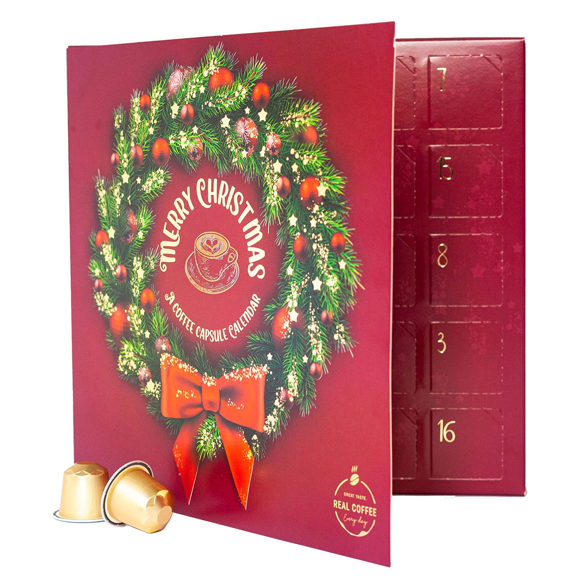 REAL COFFEE Christmas Advent Calendar with 24 Recyclable Aluminium Capsules, Red Edition, 11 Delicious Varieties