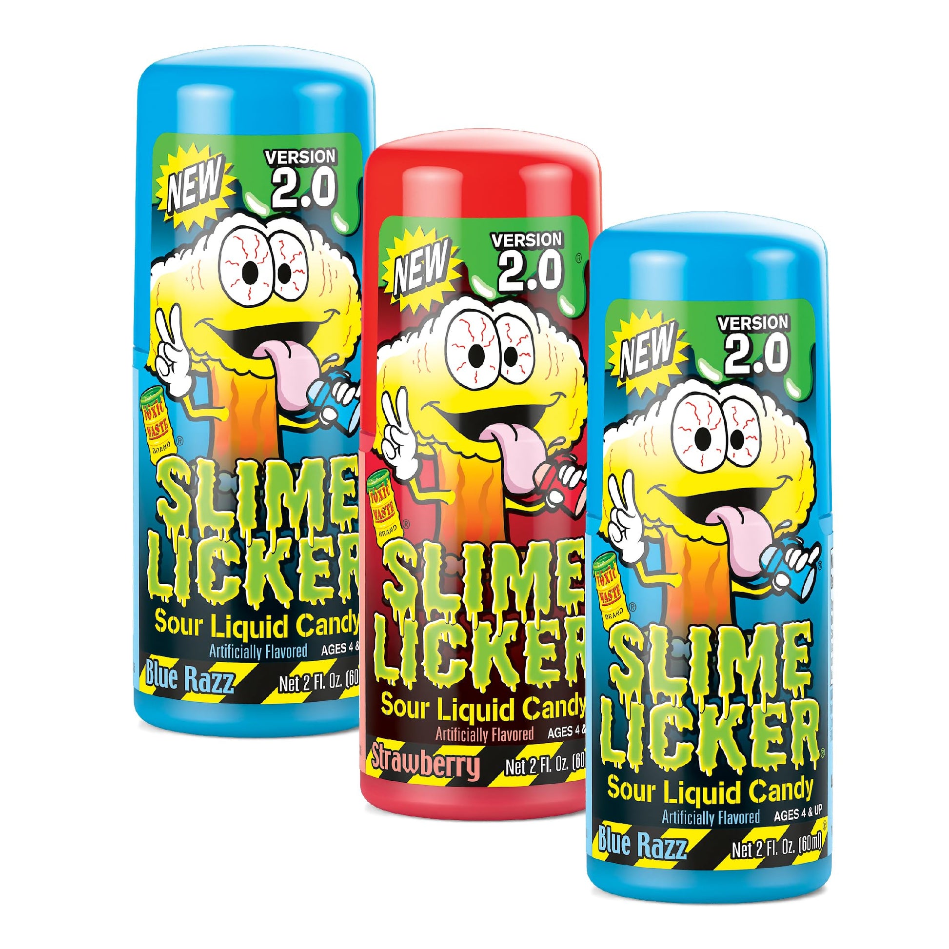 TOXIC WASTE - Slime Licker 2.0 - Sour Liquid Candy - Flavors: 1 Strawberry & 2 Blue Razz - 2 oz. Bottles - 3 Pack