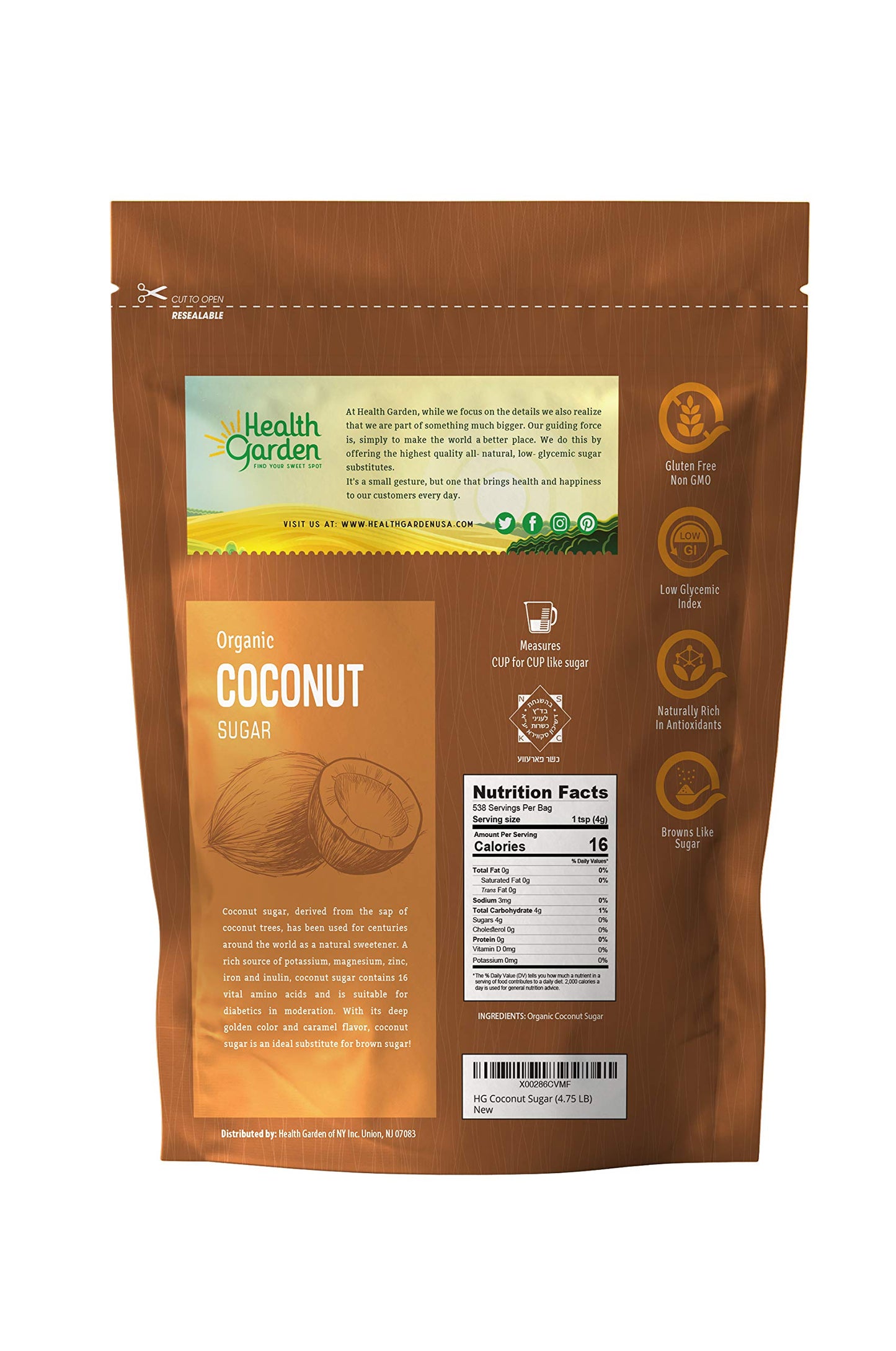 Health Garden Organic Coconut Palm Sugar - Non GMO - Gluten Free -Sweetener Substitute - Kosher - All Natural (4 lbs)