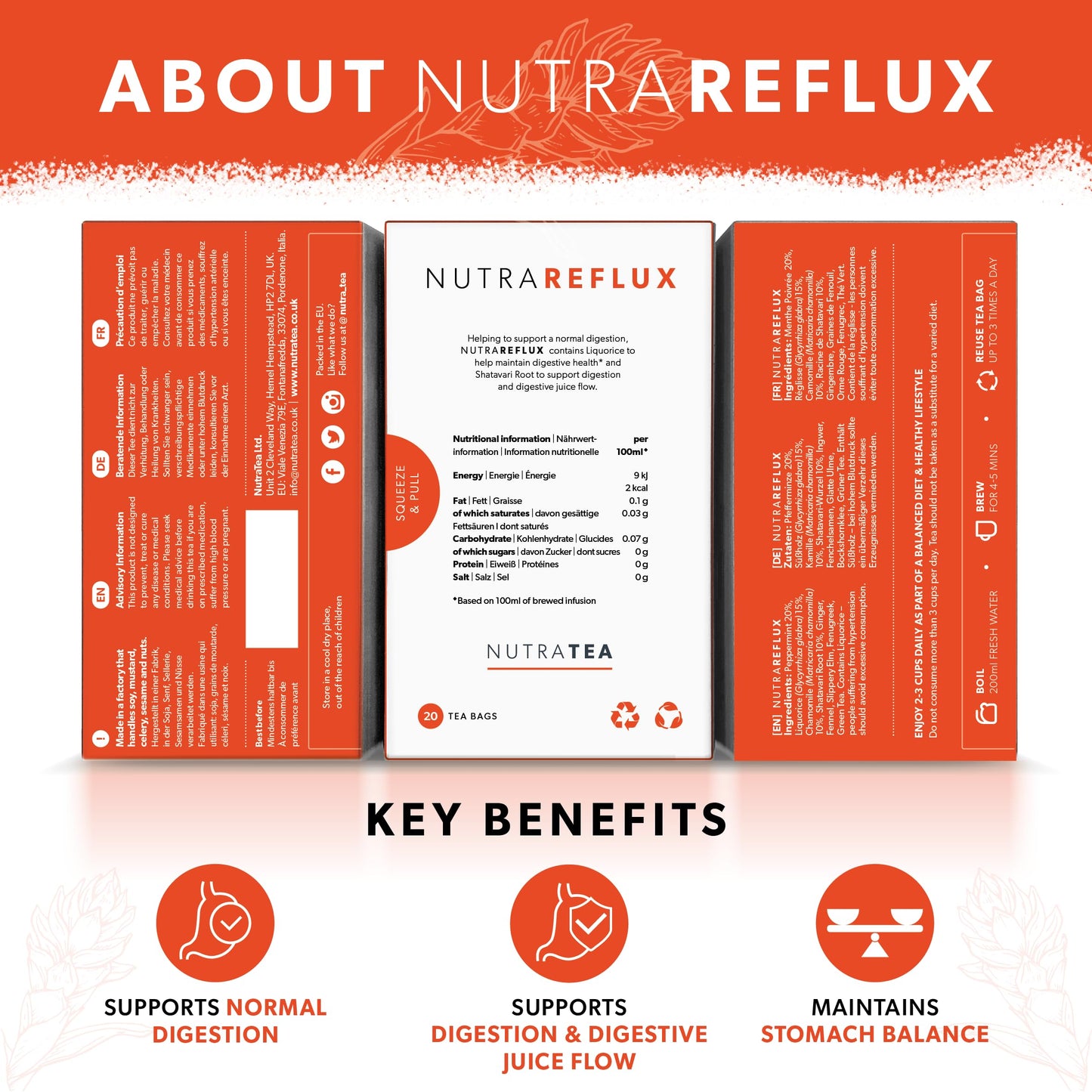 Nutra Tea Acid Reflux Tea - Herbal Tea for Stomach Relief - 20 Enveloped Tea Bags - Includes Slippery Elm, Fennel & Licorice