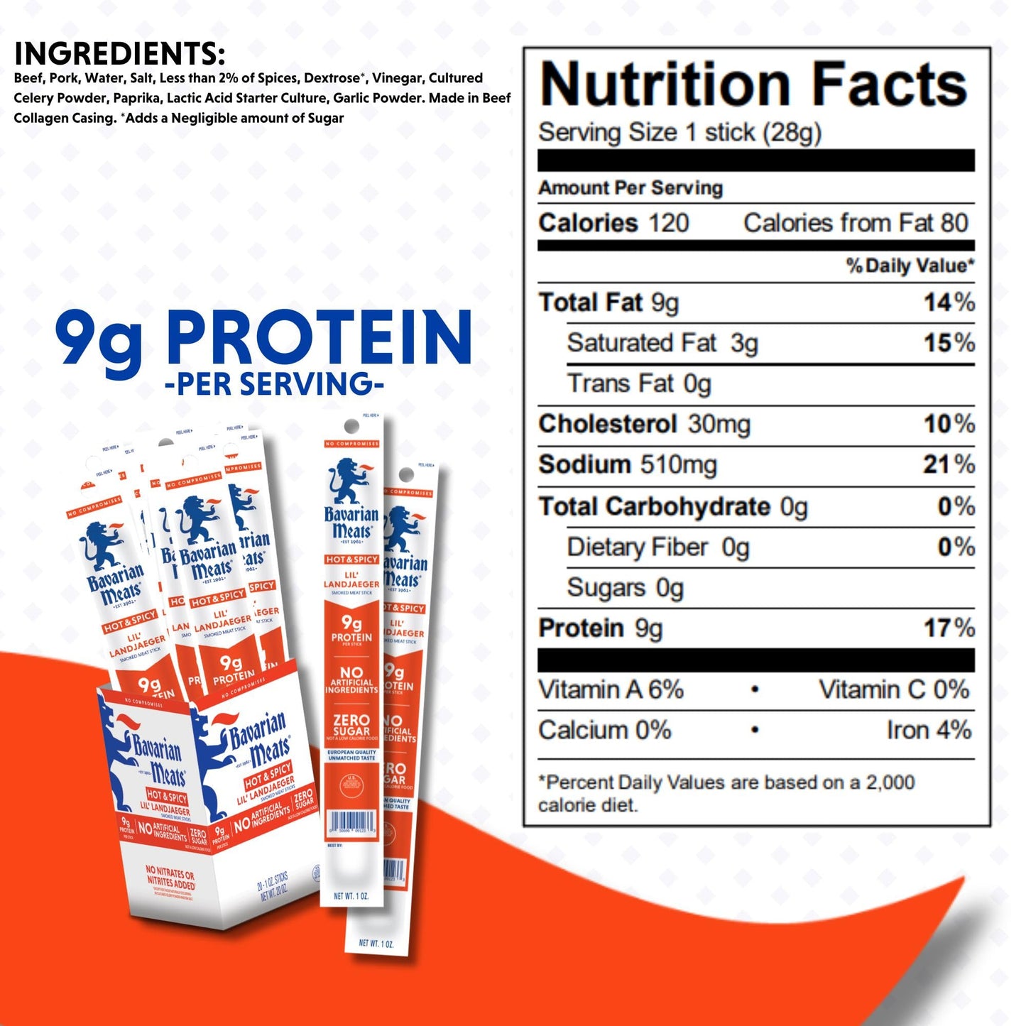 Bavarian Meats Hot & Spicy Lil Landjaeger Meat Sticks  Individually Wrapped Smoked Sausage Snacks  Zero Sugar  Great Source of Protein  Gluten Free  Keto Friendly Low Carb Snack  1 Ounce (Pack of 20)