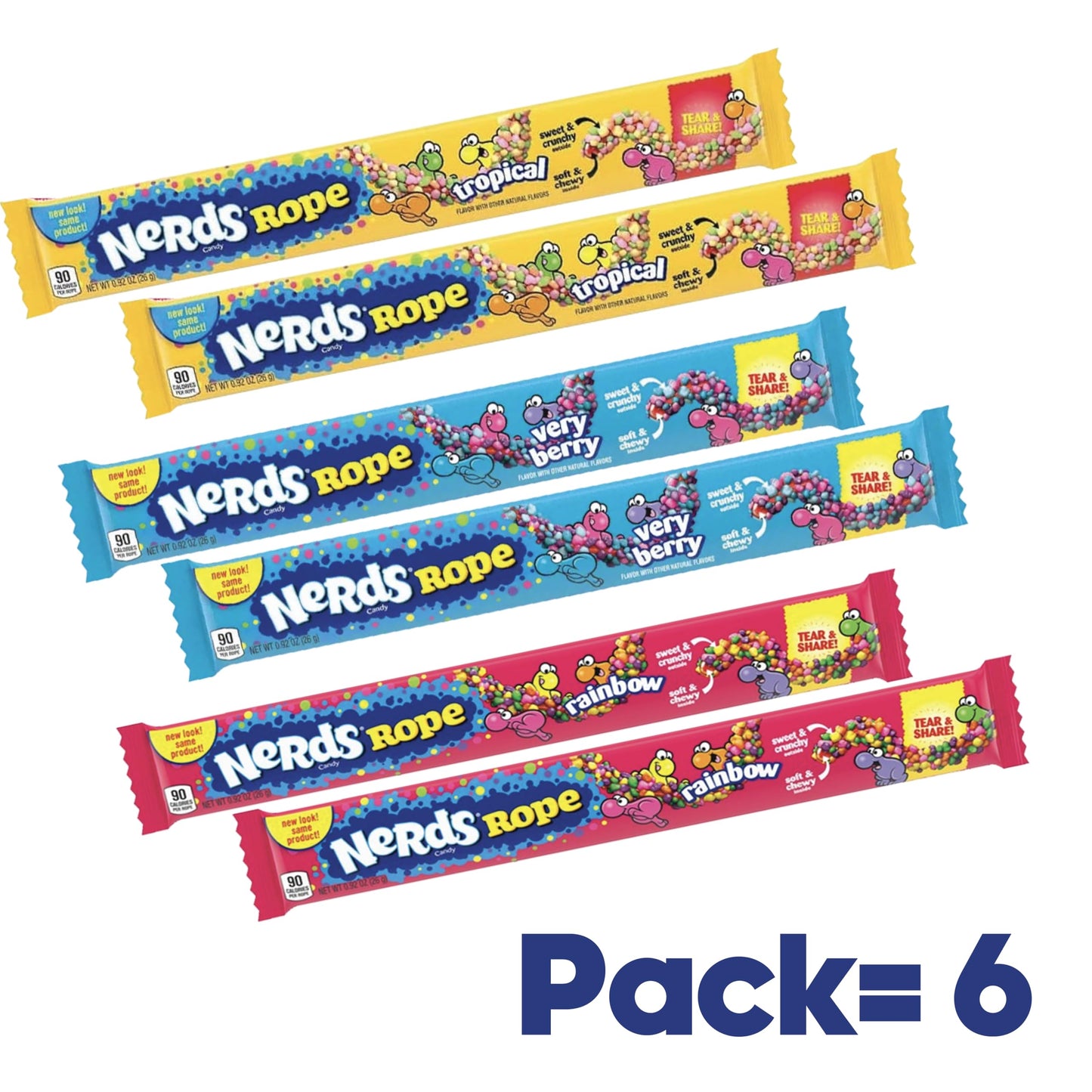 Nerds Ropes Variety Pack - Rainbow, Very Berry, Tropical Flavors - 6 Pack (2 Of Each) - Chewy & Crunchy Candy - Sweet & Tangy Tr