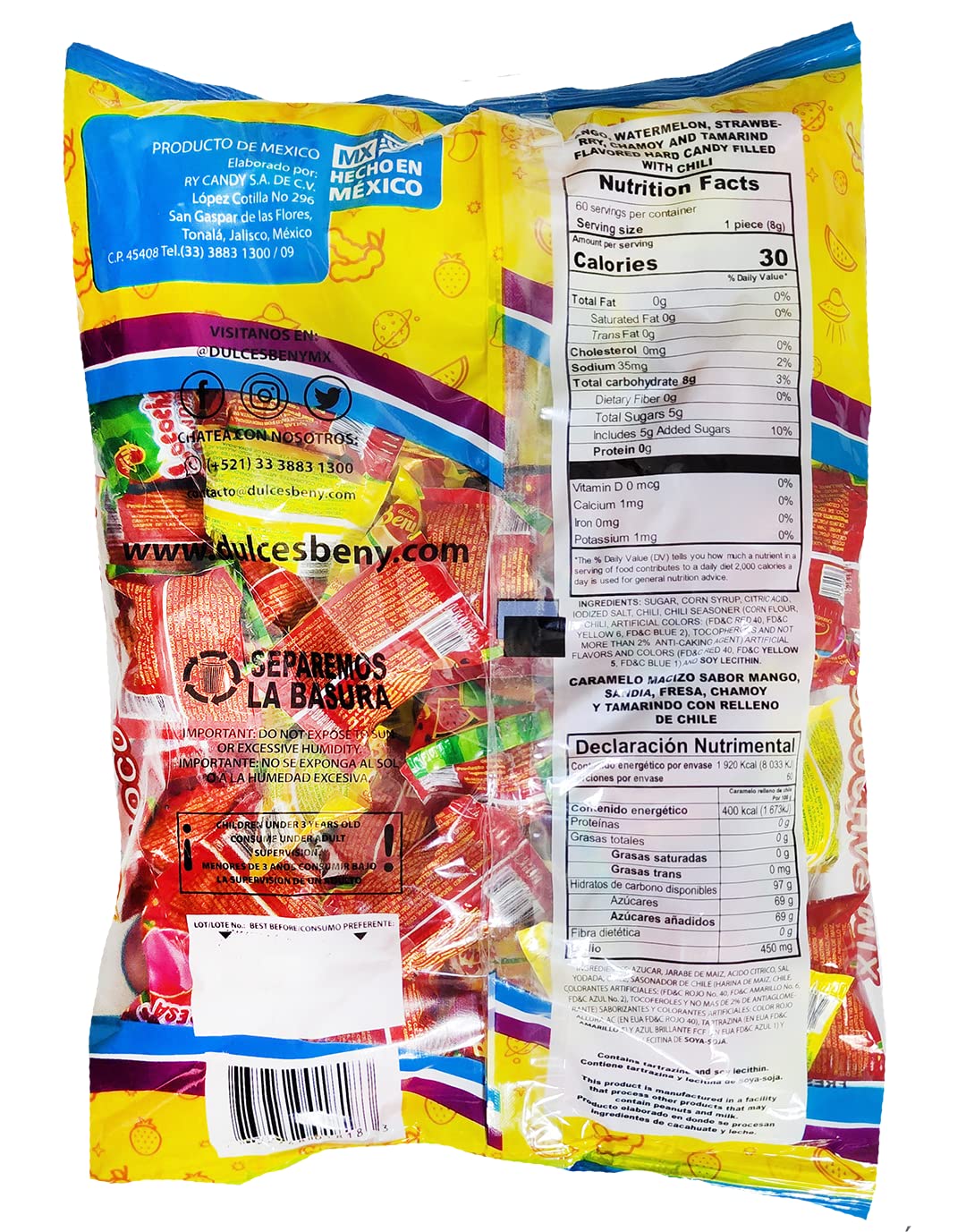 Beny Locochas Hard Sugar Candy With Chili Powder Center Mix Flavors 1Lb .093 Oz Bag 60 Pcs