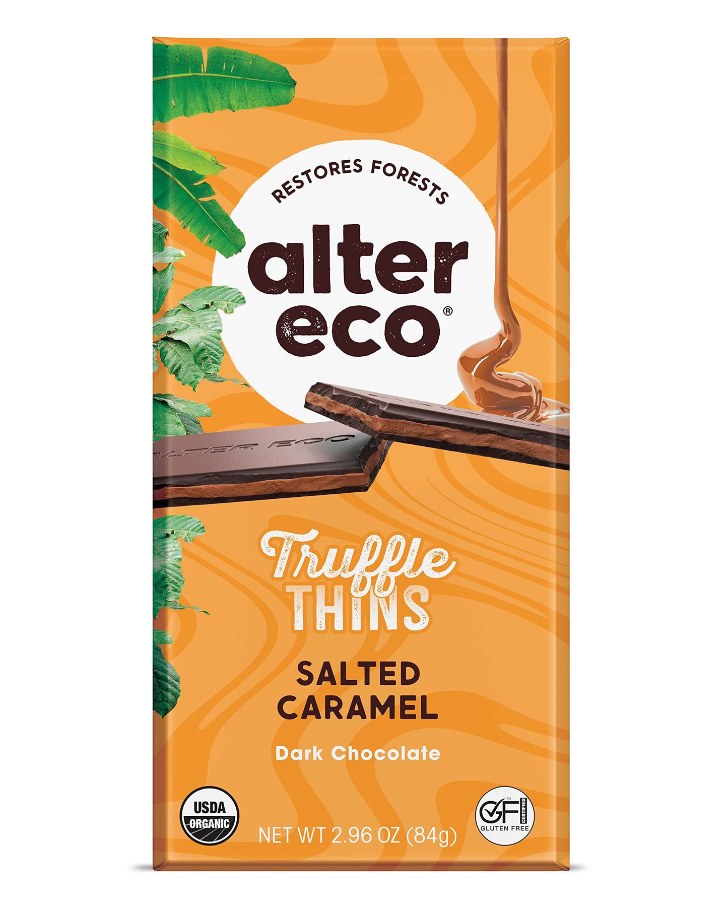 Alter Eco Salted Caramel Truffle Thins, Chocolate Bar with Gooey Ganache Truffle Filling, Organic, Gluten-Free, Non-GMO Snacks, 