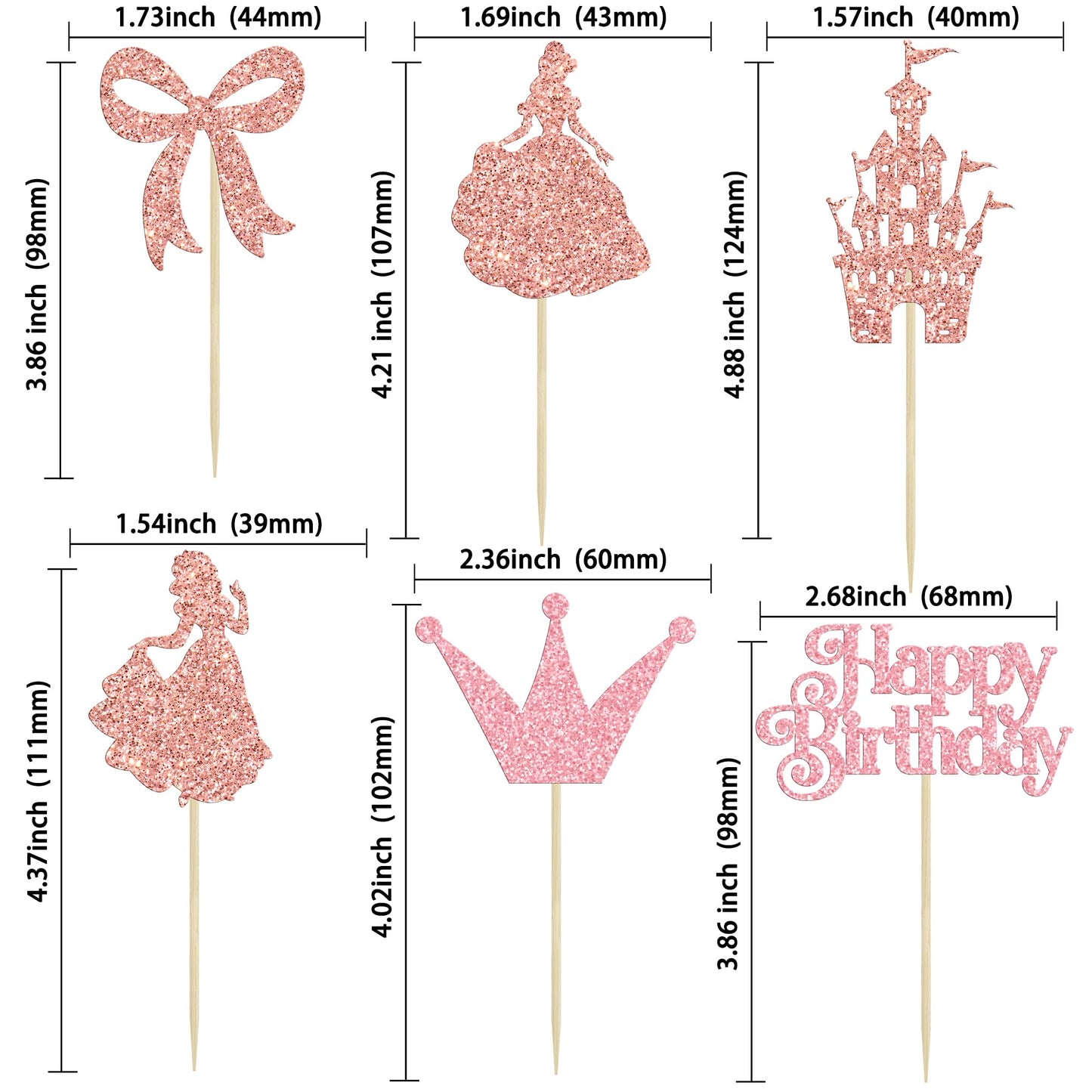 Gyufise Princess Cupcake Toppers, 24Pcs Glitter Castle & Bowknot Decorations, Rose Gold, 2.4x3.9 inches, for Birthday & Baby Shower Parties