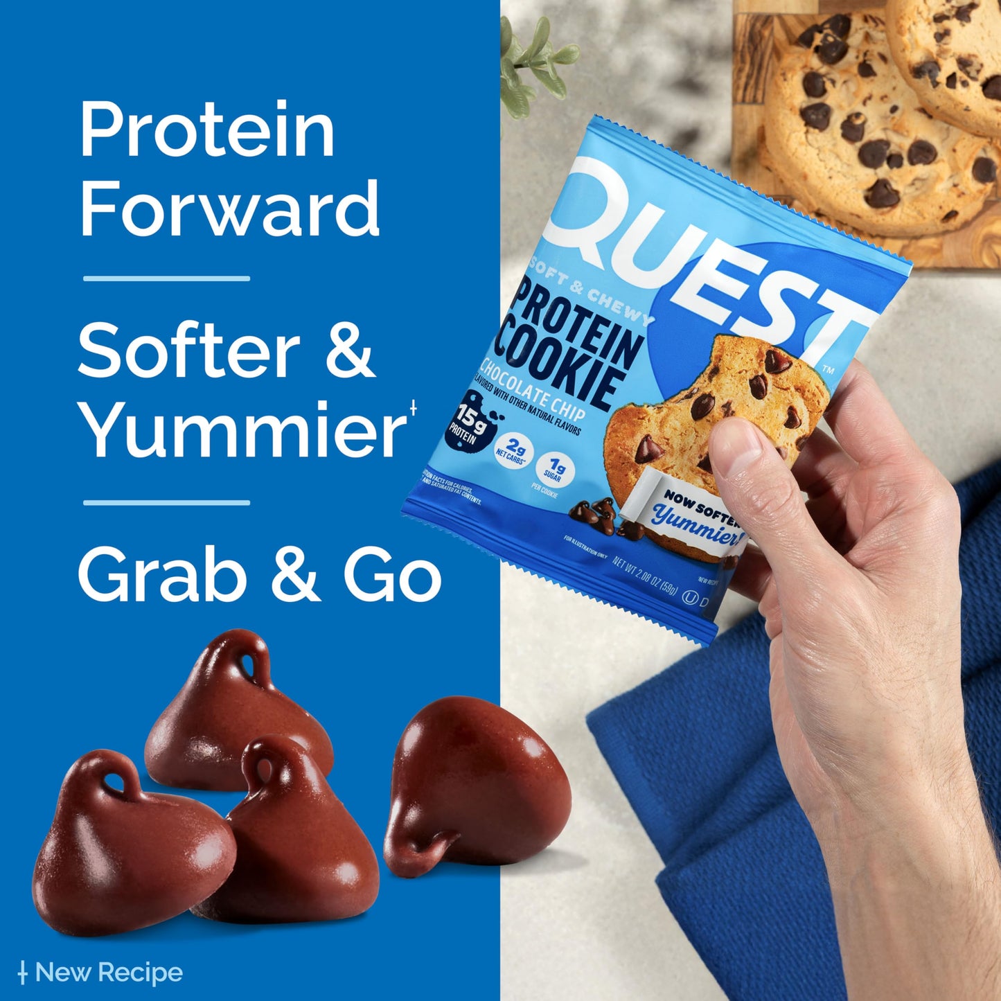 QUEST Chocolate Chip Protein Cookie, 15g Protein, 1g Sugar, Keto Friendly, 4 Count