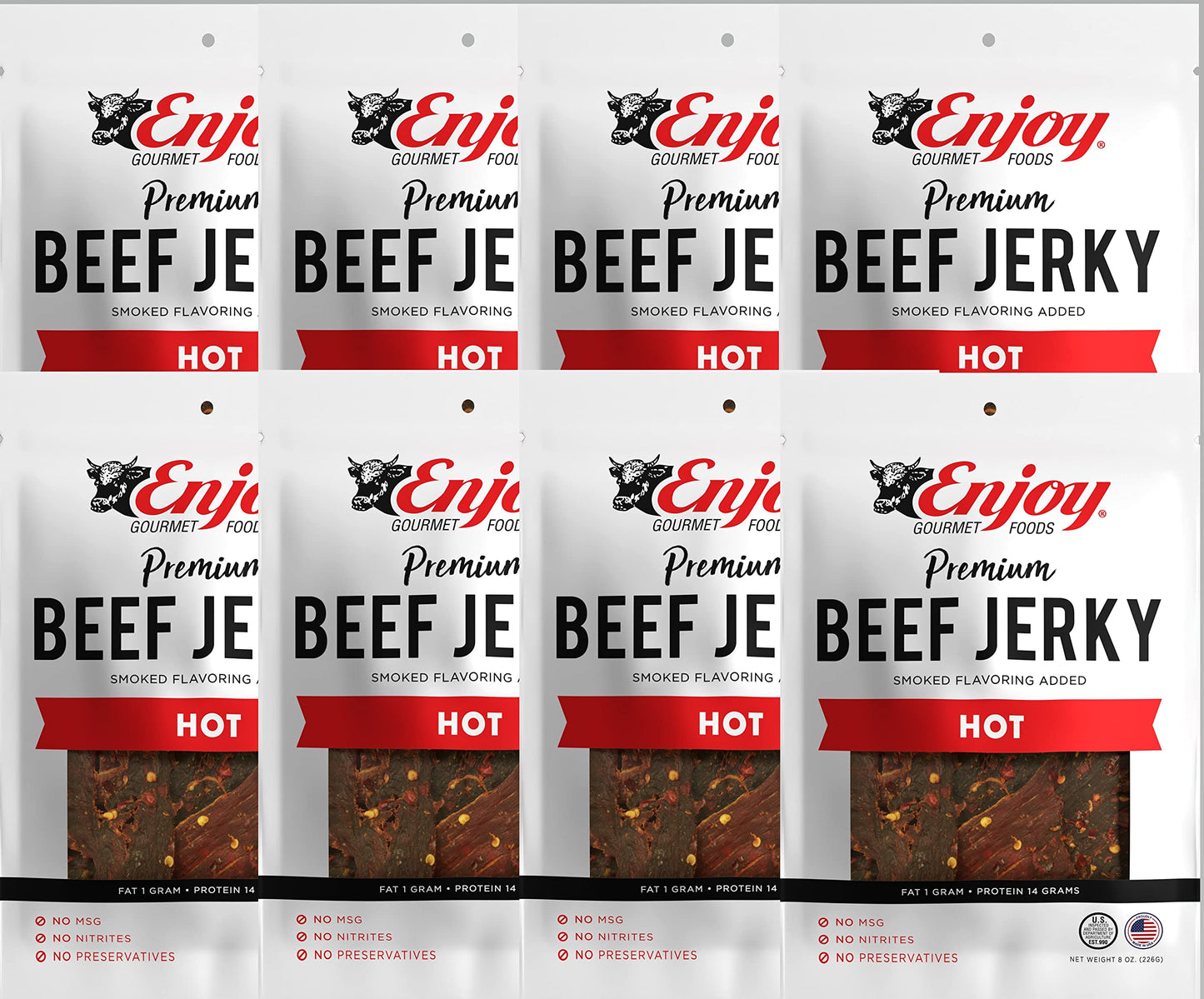 Enjoy Hot Beef Jerky 8 oz (Pack of 8) | Traditional Style | USA Made | High Protein | Low Fat | Zero Trans Fat | No Preservative
