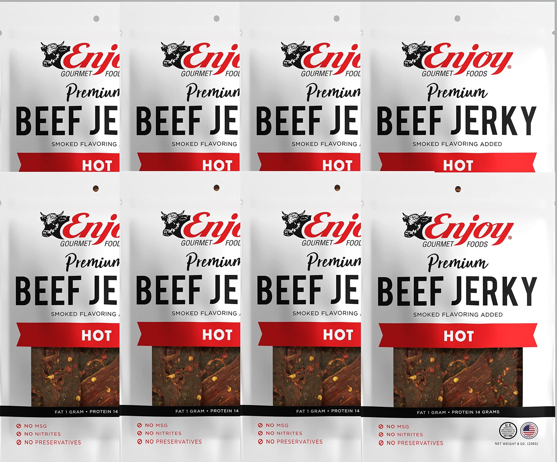 Enjoy Hot Beef Jerky 8 oz (Pack of 8) | Traditional Style | USA Made | High Protein | Low Fat | Zero Trans Fat | No Preservative