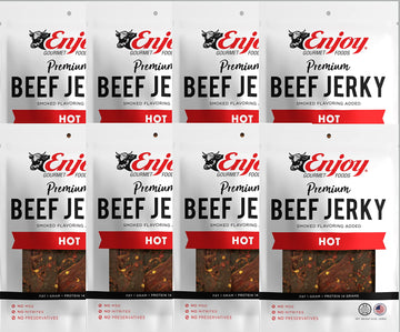 Enjoy Hot Beef Jerky 8 oz (Pack of 8) | Traditional Style | USA Made | High Protein | Low Fat | Zero Trans Fat | No Preservative