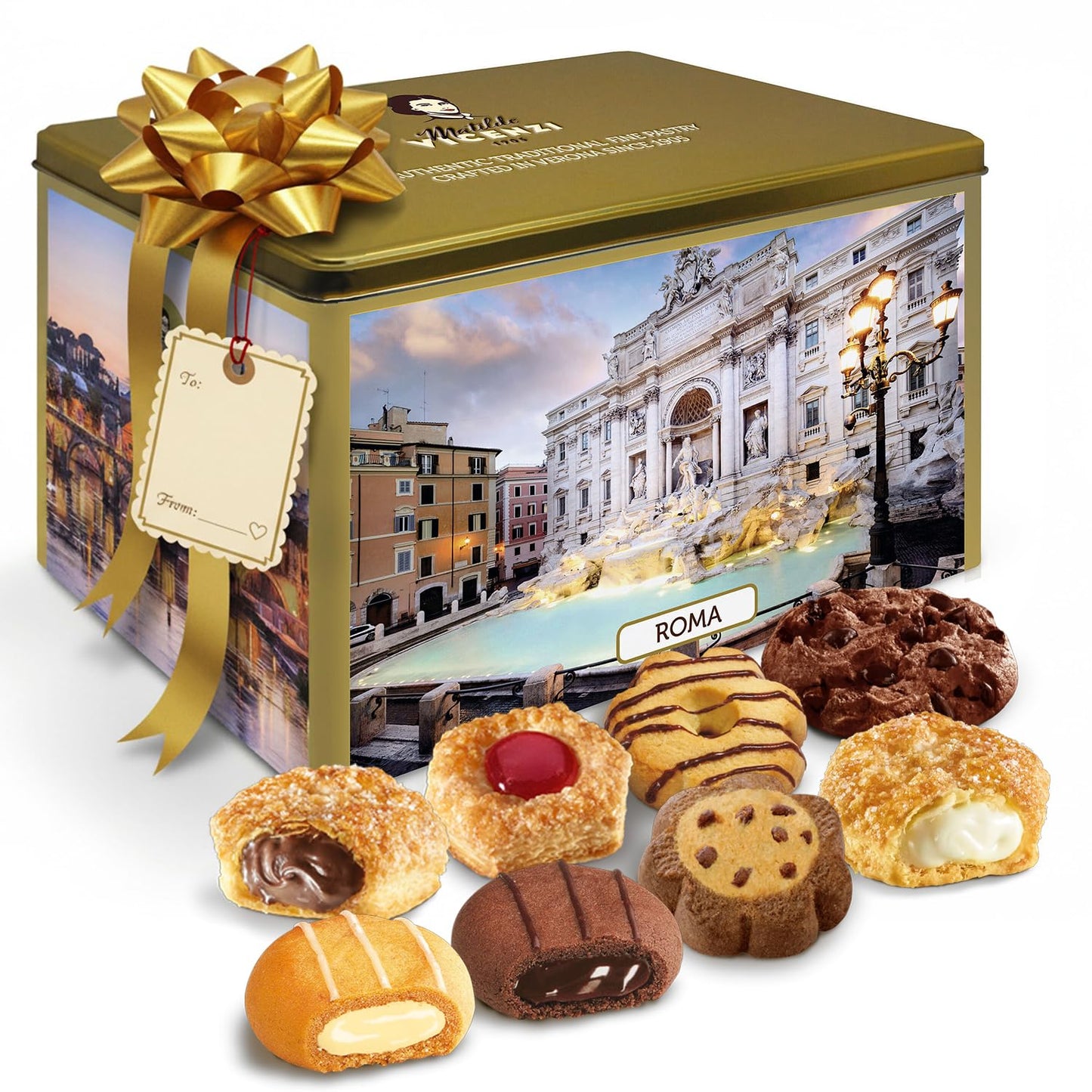 Matilde Vicenzi Roma Cookie Gift Tin - Italian Pastries & Cookies In Individually Wrapped Trays - Gourmet Gifts For Thanksgiving, Holidays, Corporate - Assorted Cookies In Italian Design Tin 32.5Oz (920G)