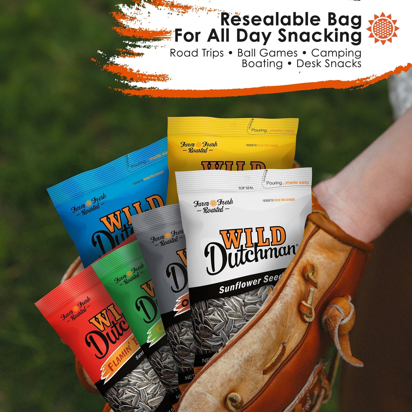 Wild Dutchman Roasted Sunflower Seeds In A Resealable Bag For Ultimate Freshness And An Easy Pour, 6 Flavor Variety Snack Pack,