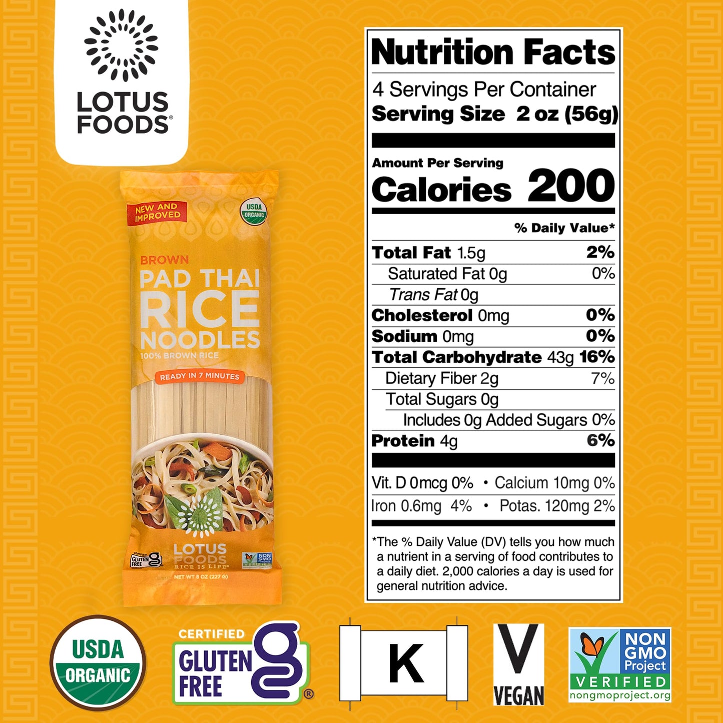 Lotus Foods Organic Brown Rice Pad Thai Noodles - Asian Style Noodles For Stir Fry, Gluten Free, Vegan, Whole Grain, Non Gmo, Serve Hot Or Cold - 8 Oz (Pack Of 1)