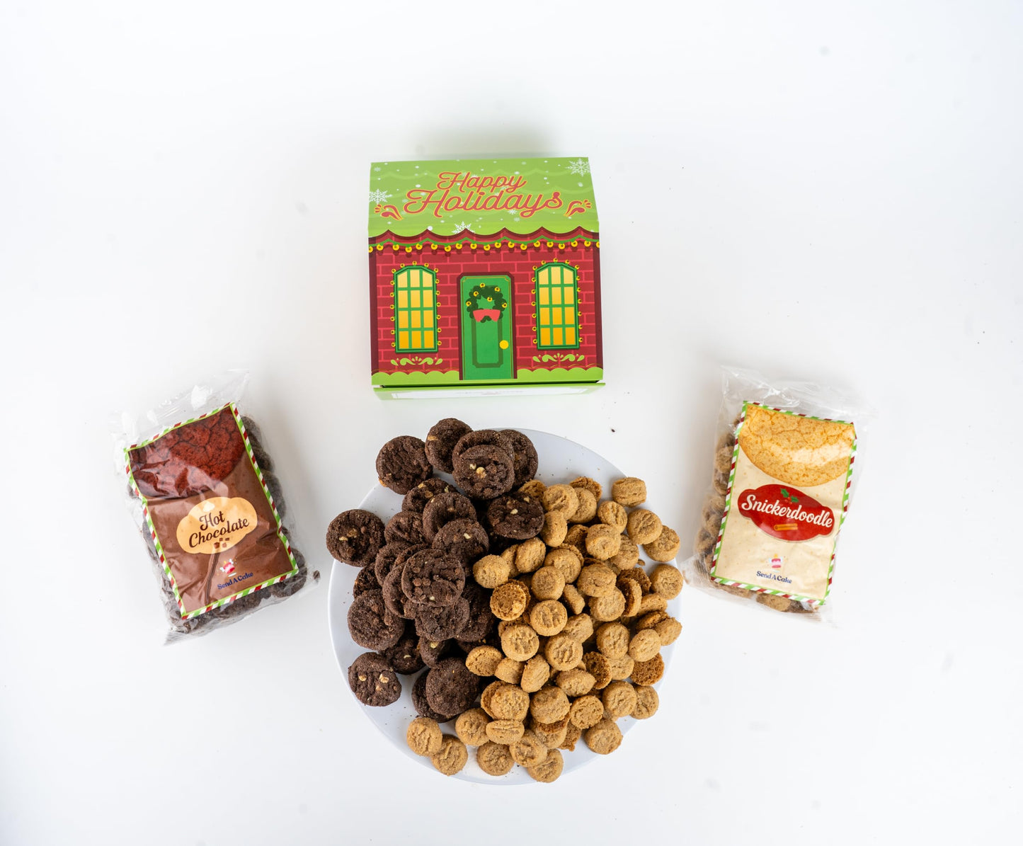 Christmas Cookie House Gift Box With 2 Cookie Flavors Inside By Send A Cake – Hot Chocolate & Snickerdoodle Sugar Cookies – Festive Holiday Gift For Women, Men, Sister, Mom, Dad, Best Friend, Mature-Themeds, Kids