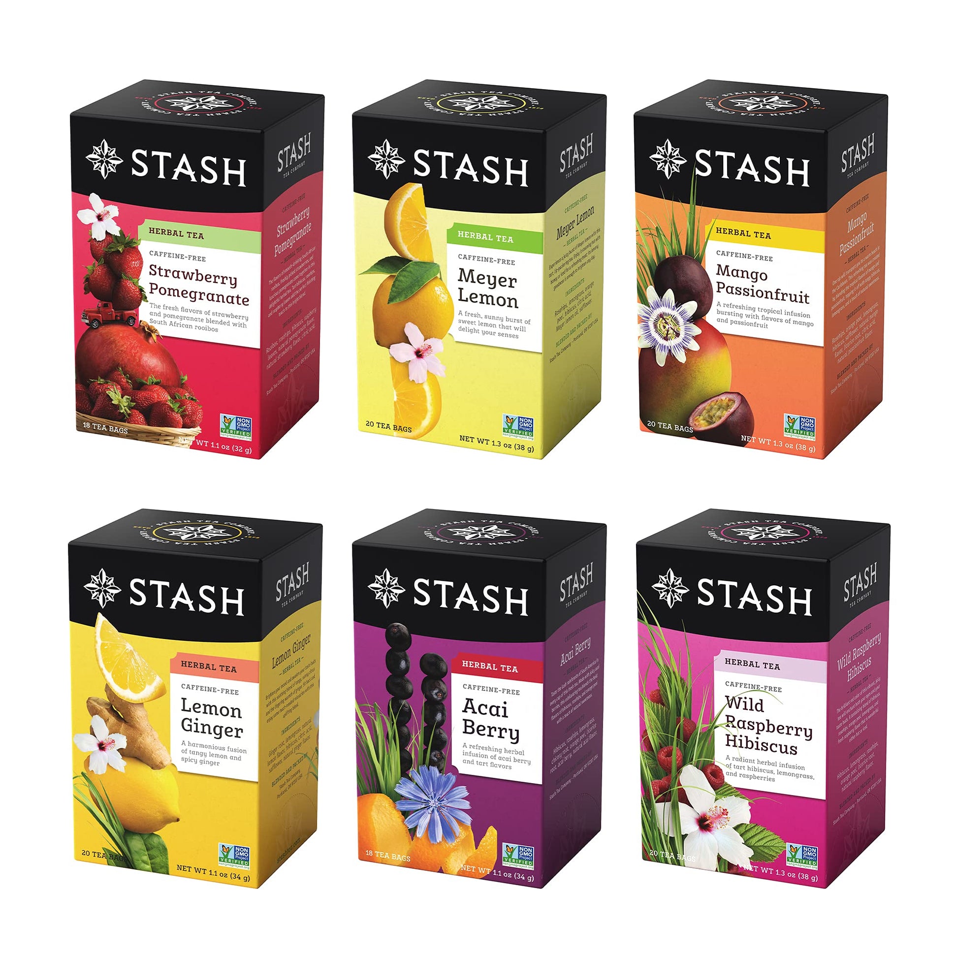 Stash Fruity Herbal Tea Sampler, 6 Boxes, 18-20 Tea Bags Each, Model 77819