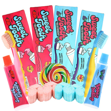 Needzo Sour Toothbrush and Toothpaste, Blue Raspberry and Strawberry Flavored Gel with Hard Candies, Fun Noisemaking Candy, 1.12