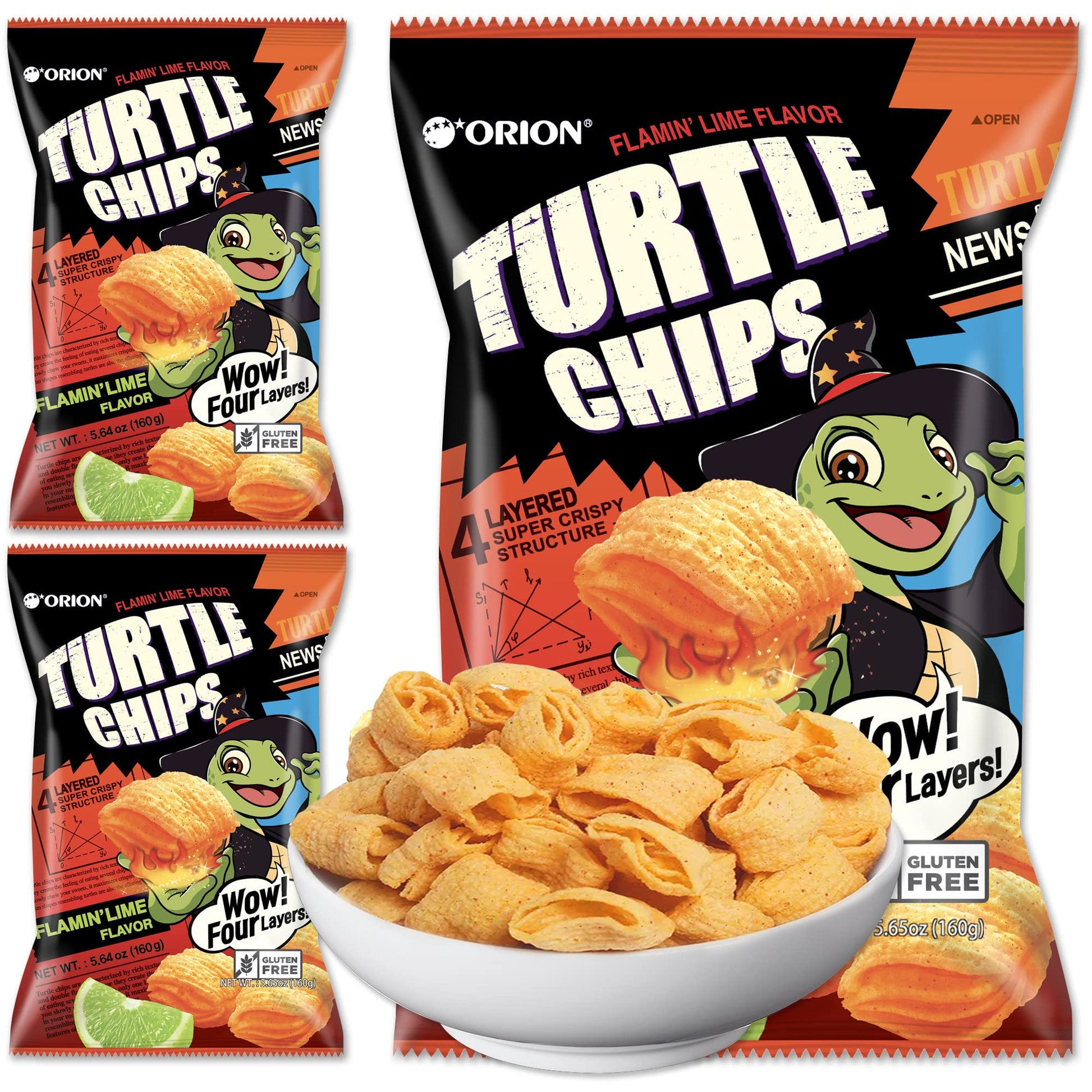 K-Munchies Orion Turtle Chips - Flamin Lime Flavor - Large 3 x 160g - Crispy Korean Corn Snacks - Party Size
