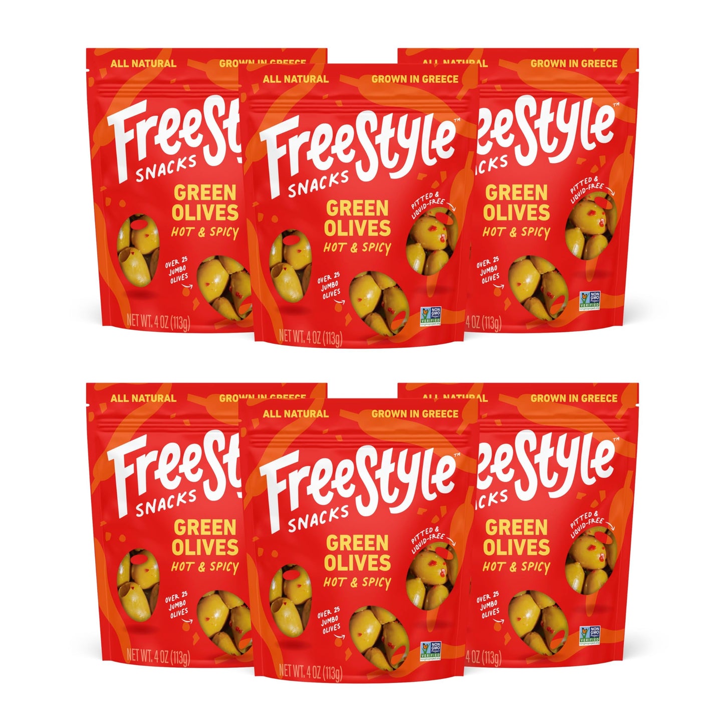 Freestyle Snacks Olive Snack Packs - Jumbo Pitted Green Olives, Hot & Spicy, 4oz (6 Pack), Non-GMO, Paleo, Keto, Sugar-Free