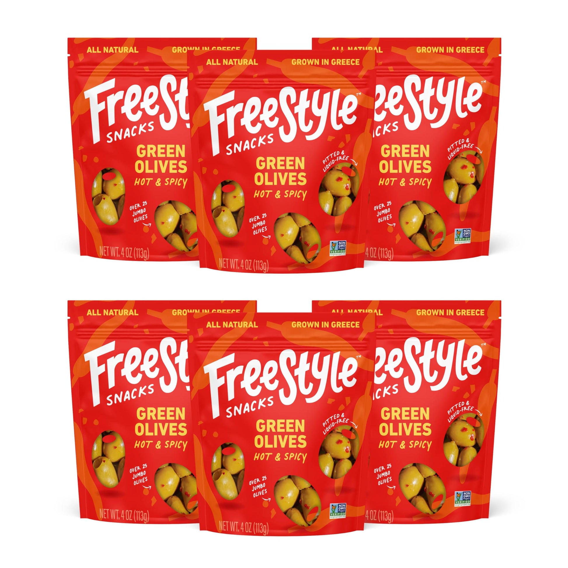 Freestyle Snacks Olive Snack Packs - Jumbo Pitted Green Olives, Hot & Spicy, 4oz (6 Pack), Non-GMO, Paleo, Keto, Sugar-Free