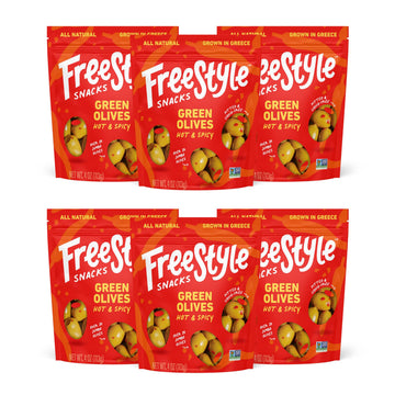 Freestyle Snacks Olive Snack Packs - Jumbo Pitted Green Olives, Hot & Spicy, 4oz (6 Pack), Non-GMO, Paleo, Keto, Sugar-Free