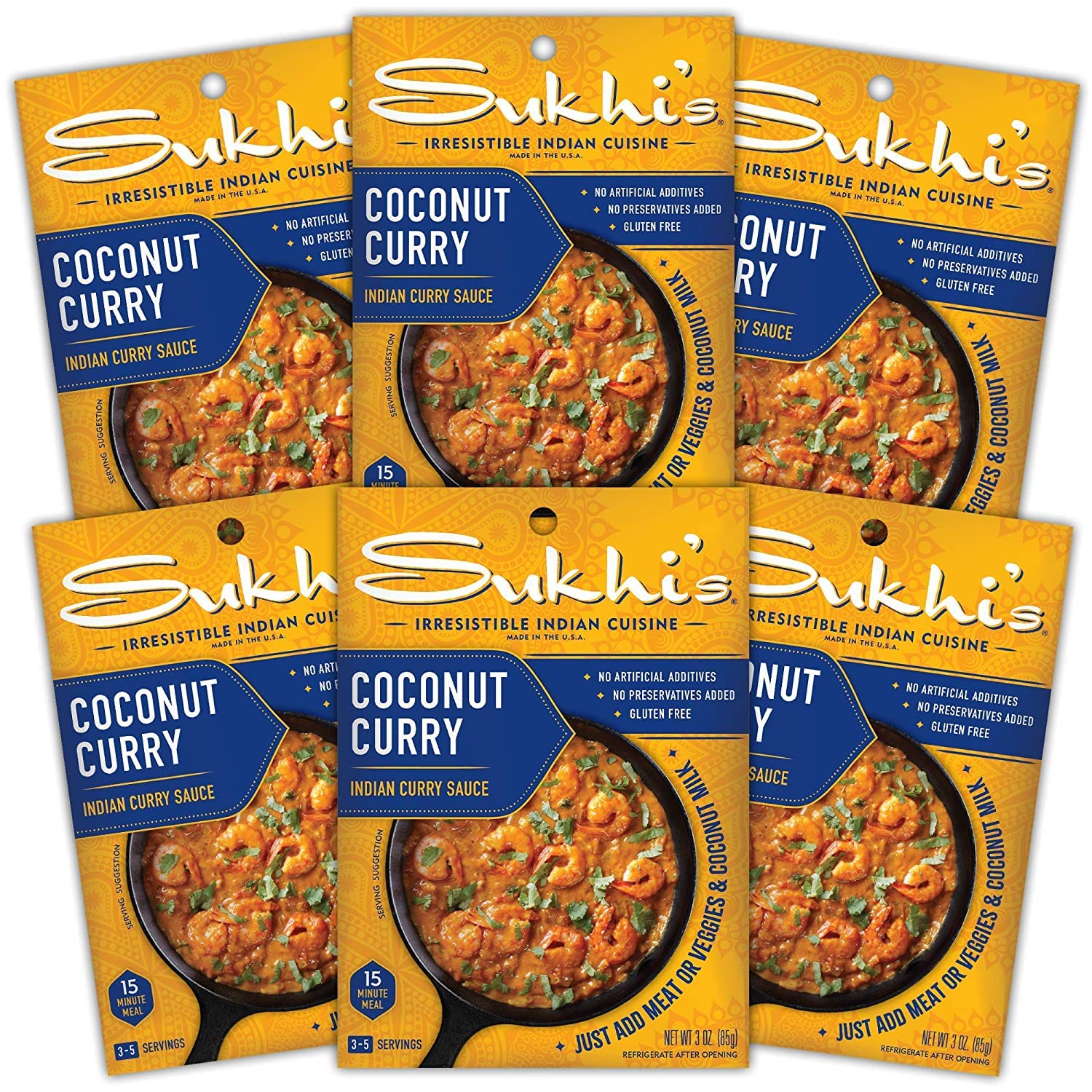 Sukhi's Indian Curry Sauce - Coconut Curry Sauce 3oz (Pack of 6) 84 Servings - Gluten Free Indian Sauce Indian Simmer Sauce