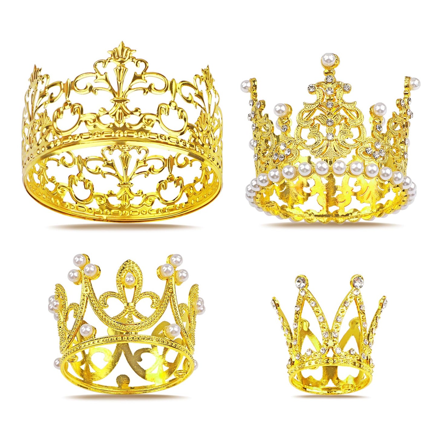 4 Pcs Crown Cake Topper, Gold Mini Crown Flower Arrangements Bouquet, Crystal Pearl Vintage Tiara Small Baby Princess Crown For