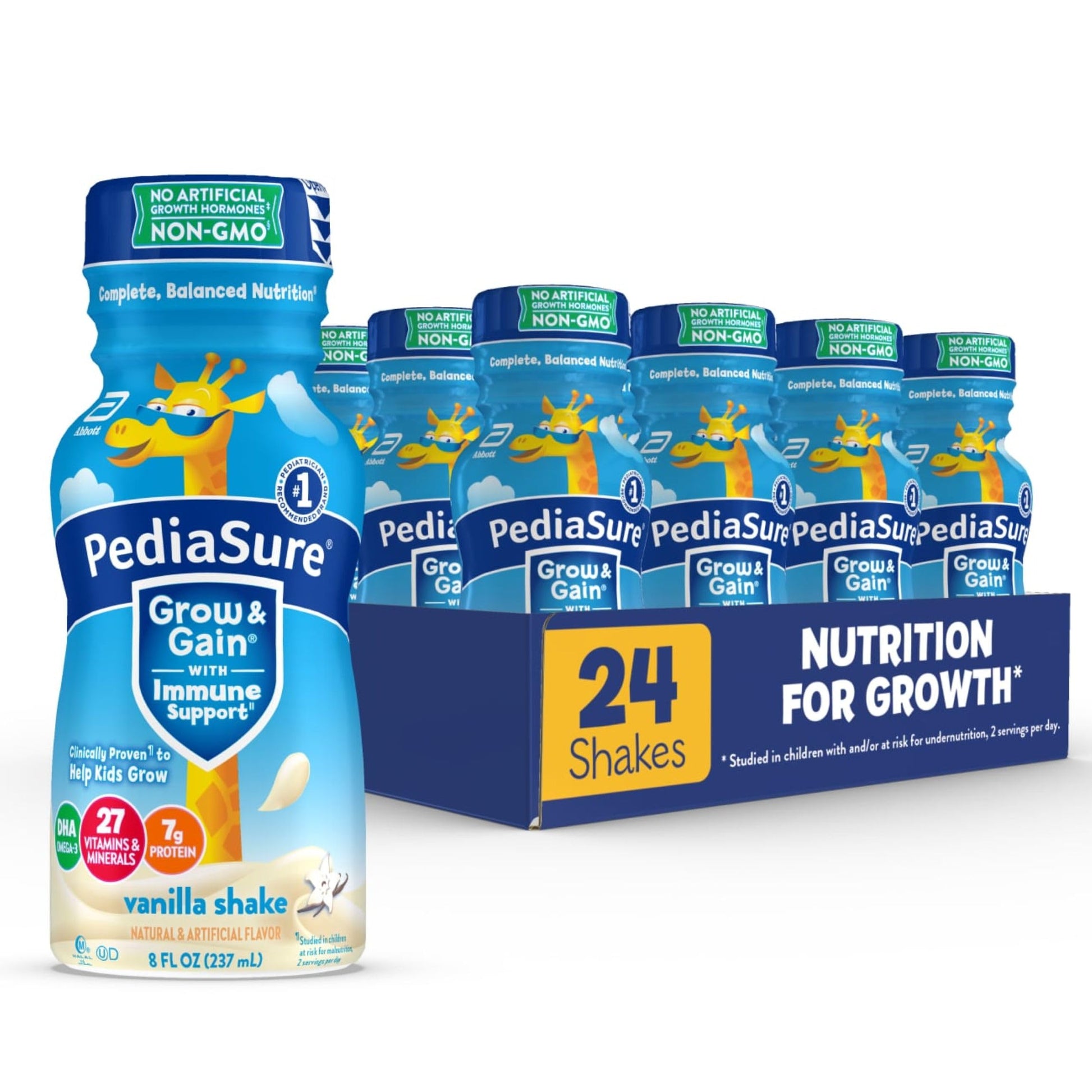 PediaSure Grow & Gain with Immune Support, 27 Vitamins & Minerals for Kids, 7g Protein, Non-GMO, Gluten-Free, Vanilla, 8-fl-oz Bottle, Pack of 24