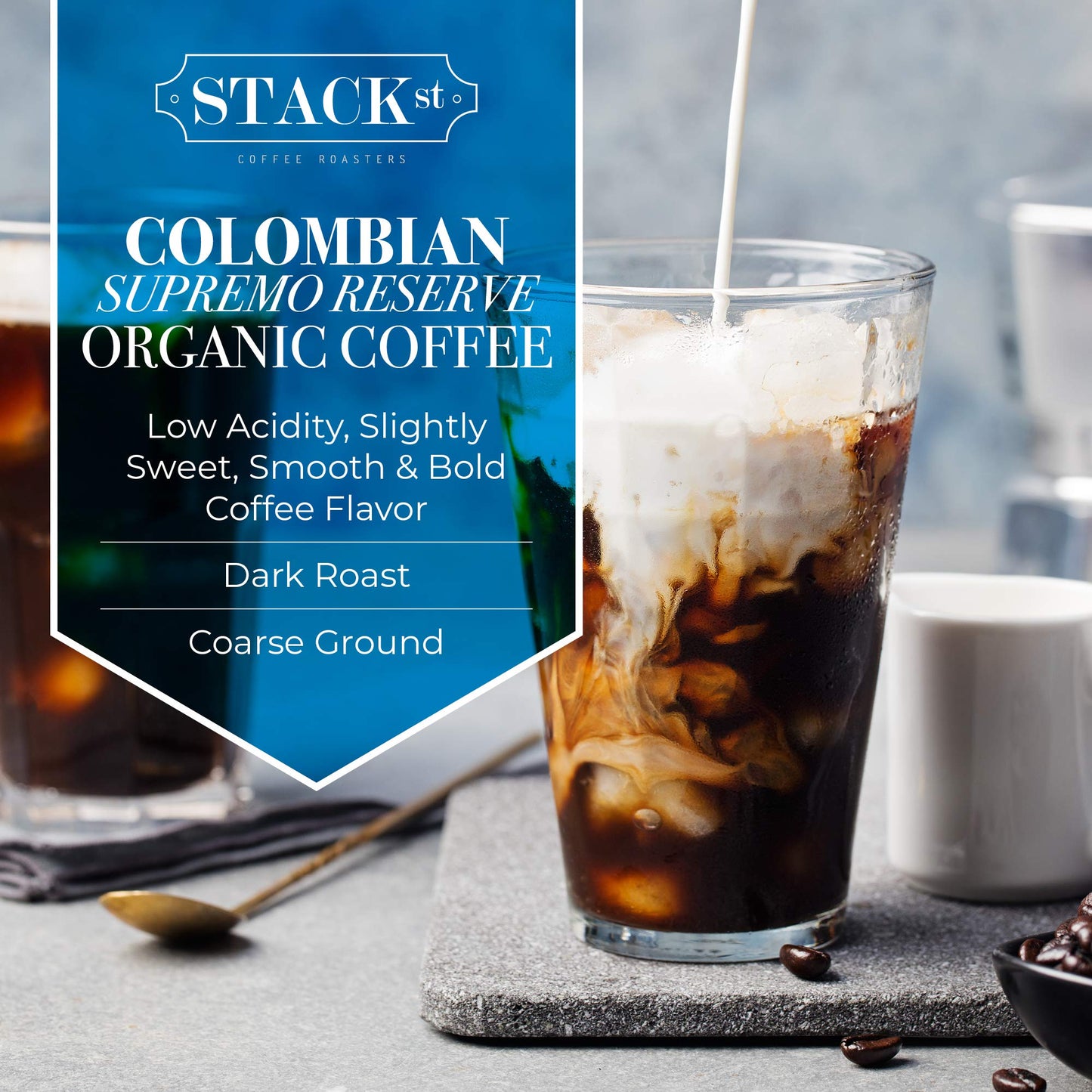 Stack Street Organic Cold Brew Coffee, Colombian Supremo, Dark Roast, 16 Ounce, Coarse Grind, 100% Arabica Beans, Single Origin