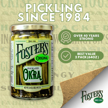 Fosters Pickled Okra in Jar, Original, 32oz, 2 Pack, Traditional Pickled Vegetables Recipe for over 40 years, Low Calorie Snack
