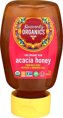 Heavenly Organics 100% Organic Raw Acacia Honey (12 Oz Squeeze Bottle) Made From Wild Beehives & Free Range Bees Dairy Nut Glute
