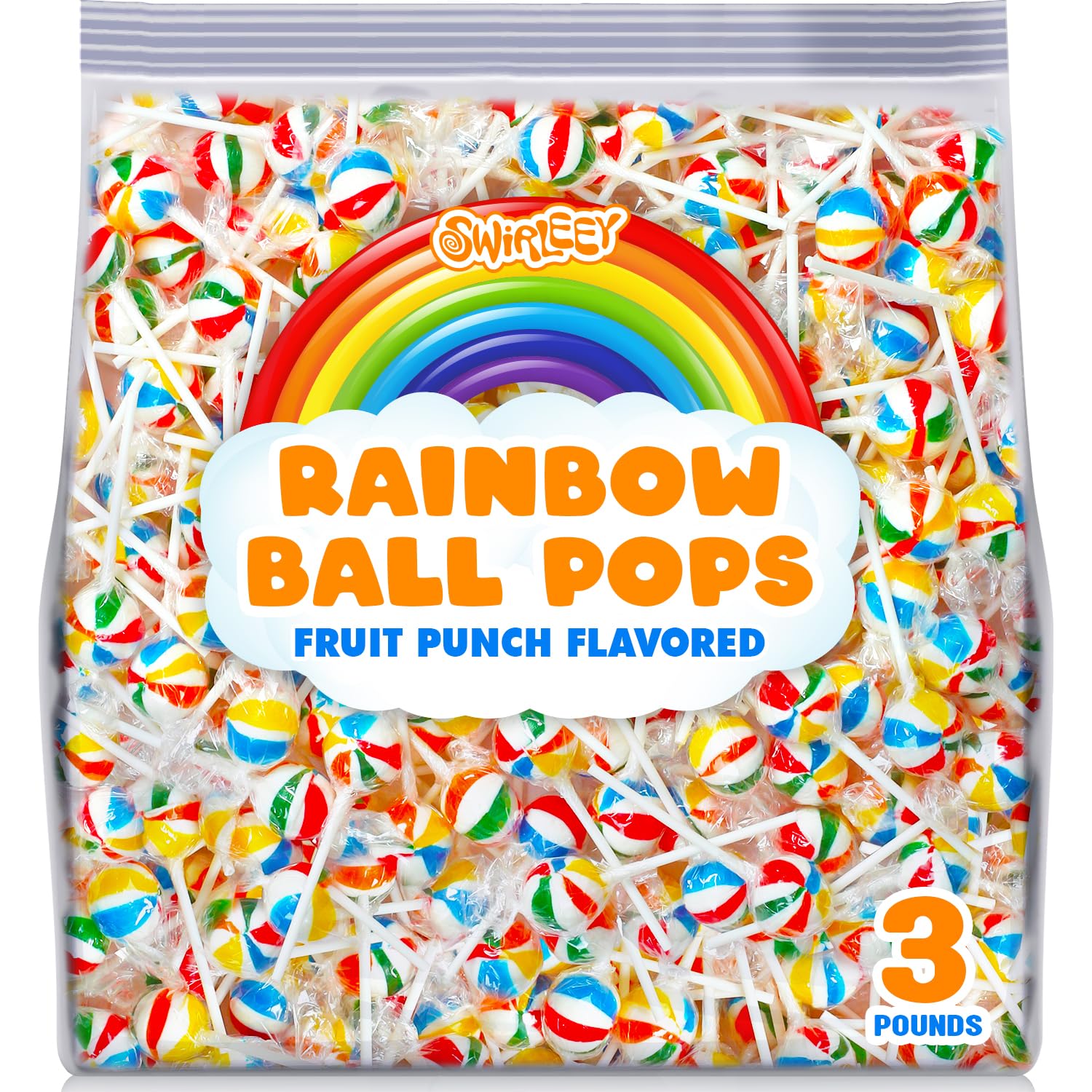 Rainbow Lollipops - 3 Pounds - Beach Ball Rainbow Pops - Fruit Punch Flavored - Birthday Parties, Carnivals & Events - Colorful 